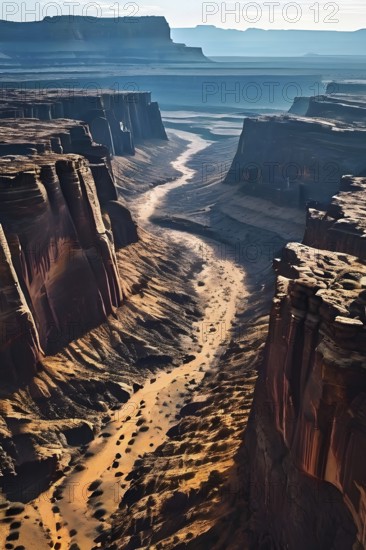 Erosion carved deep canyon and dramatic rock formations in the colorado plateau, AI generated