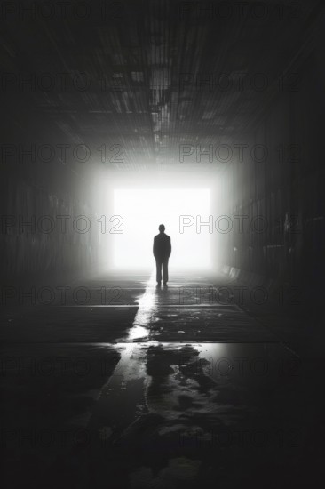 Silhouette of a man standing in a tunnel, light at the end of the tunnel, symbolic image for