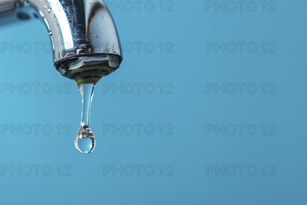 Single drop of water coming out of water tap on blue background. KI generiert, generiert, AI