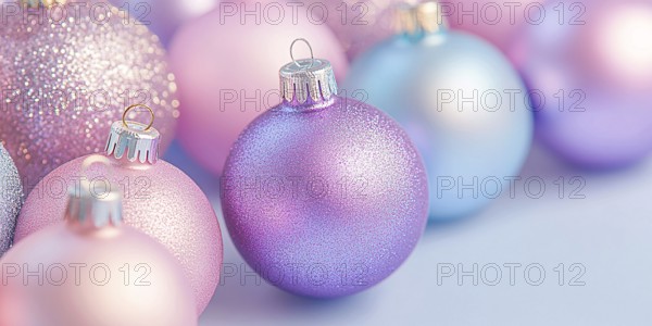 Christmas banner with pink and purple bauble ornaments with copy space. Generative AI, AI generated