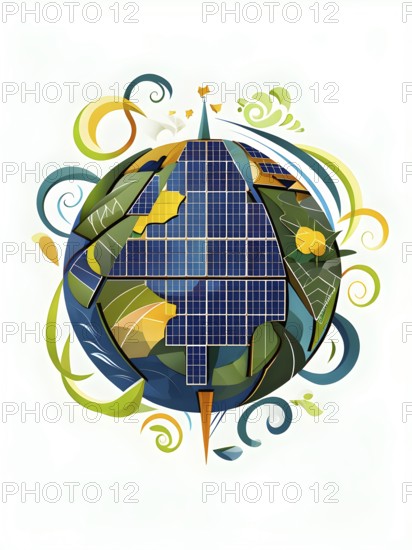 Illustration of a globe composed of triangular solar panels and swirling wind patterns, symbolizing
