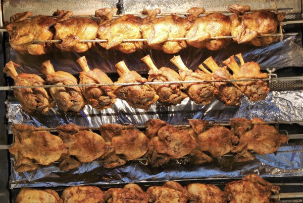 Grilled knuckle of pork and chicken on the spit