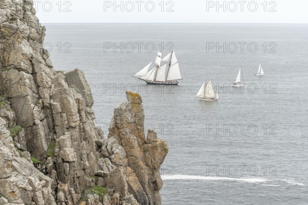 Large old traditional sailing boat in a bay on the Atlantic. Camaret sur mer, Crozon, Finistere,