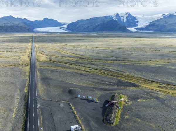 Aerial view of the Skeidara Bridge Monument viewpoint, large metal parts of the bridge that was