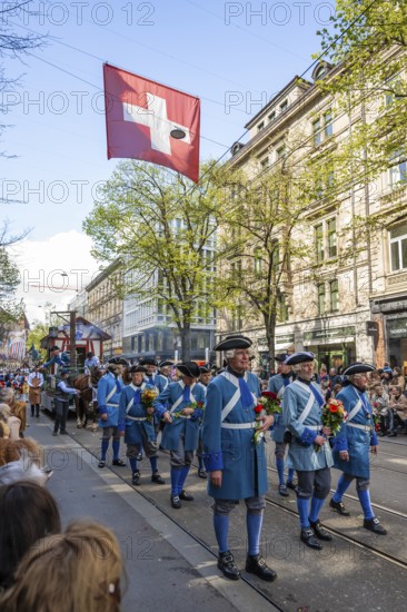 Participants in the parade of historically costumed guild members, Fluntern Guild, Sechseläuten or