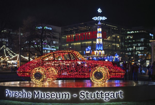 Night shot, Christmas market, Christmas lights, illumination, with Porsche 911, Porsche Museum
