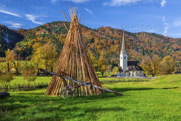 Pilgrimage church of St. Leonhard in Fischhausen near the Markus Wasmeier Farm Museum in autumn,