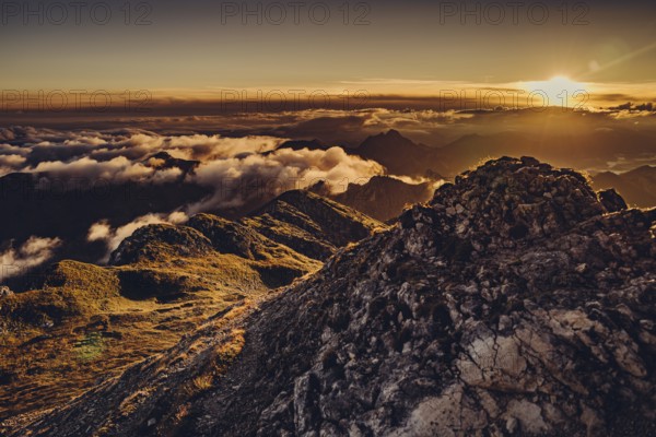Sunrise hike on the Hochplatte in the Ammergau Alps, Ammergebirge in the Allgäu, Bavaria, Germany,