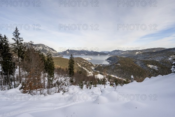 View of Walchensee and mountain panorama from Simetsberg, Estergebirge, Bavarian Prealps, Bavaria