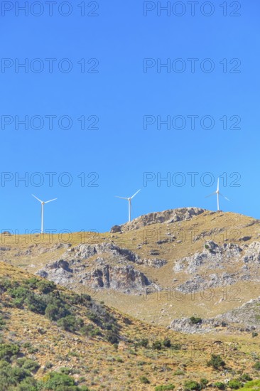 Wind turbines generating electricity, Kerames, Rethymno, Southern Crete, Crete, Greek Islands,