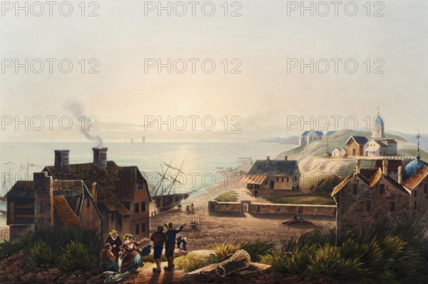 View from Scheveningen to the seaside resorts, Netherlands, view around 1830, digitally restored
