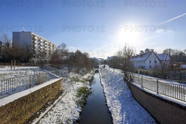 Dortmund, North Rhine-Westphalia, Germany, winter with snow in the Ruhr area, renaturalised Emscher
