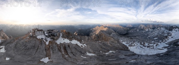 Alpine panorama, aerial view, Zugspitze and Zugspitzplatt with glacier, high mountains, Bavaria,