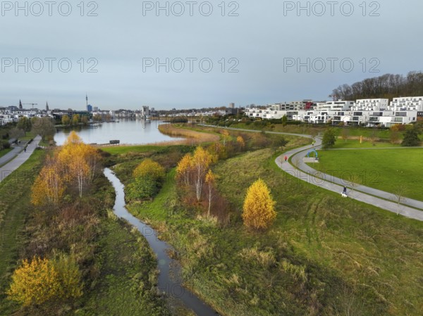 Dortmund, North Rhine-Westphalia, Germany, Phoenix Lake, front of the renaturalised Emscher. The