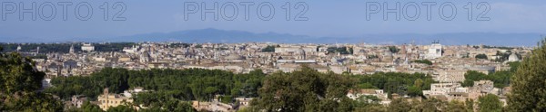 View of the city from the Gianicolo viewpoint with the Vittorio Emanuele II monument, Rome, Lazio,