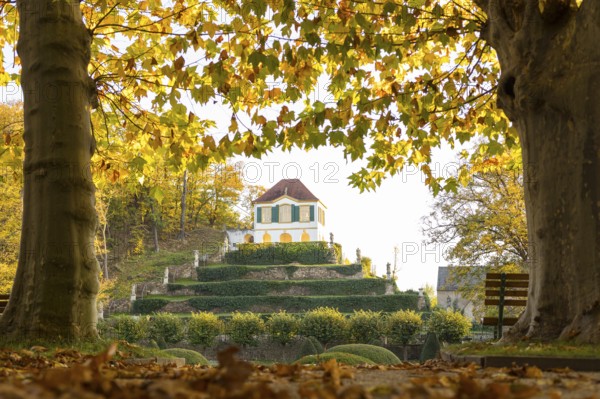 View from the castle park to the Heinrichsburg garden house in autumn, Diesbar-Seußlitz, Saxon