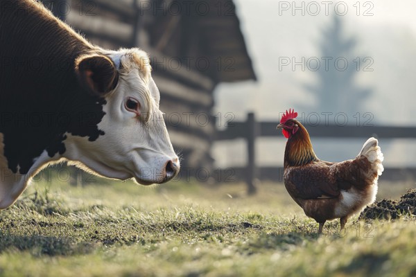 Side view of cow and chicken together at farm. Generative AI, AI generated