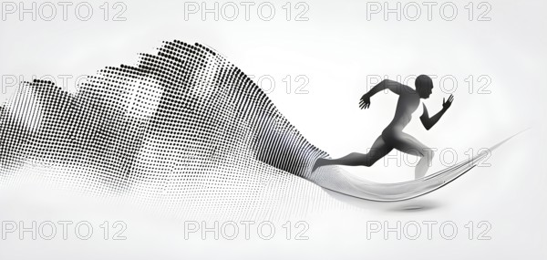 Wave of data points shaping into a runners silhouette, abstract illustration in black and white,