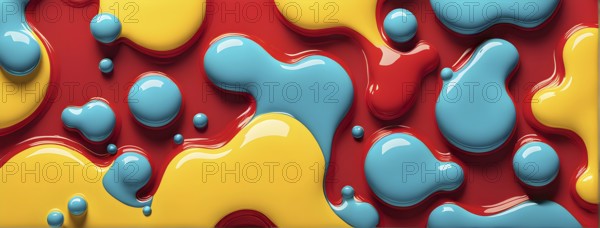 Abstract image with vibrant blue and red blobs and liquid shapes on a yellow background, AI