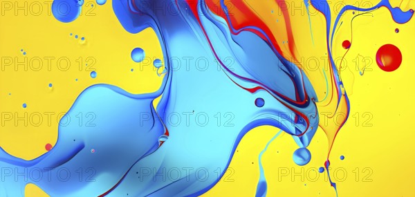 Abstract image with vibrant blue and red blobs and liquid shapes on a yellow background, AI