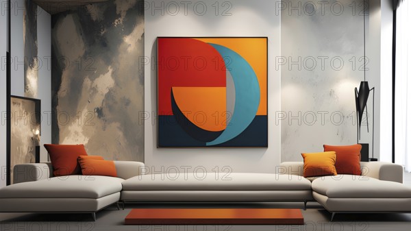 Minimalist rendering showcasing a living room with an abstract picture as symbol for human