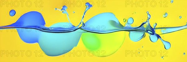 Abstract image with vibrant blue and red blobs and liquid shapes on a yellow background, AI
