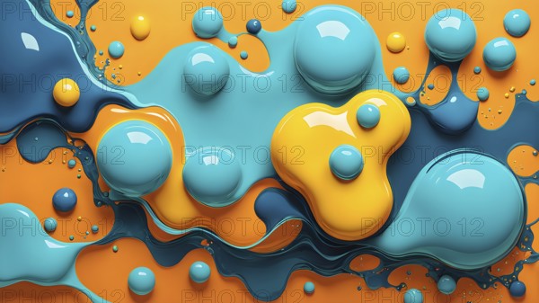 Abstract wallpaper with colorful turquoise and yellow blobs and liquid shapes on a orange