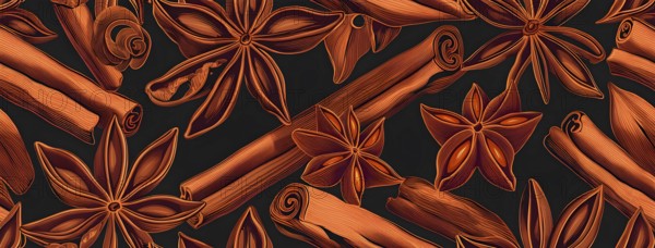 Abstract wallpaper illustration of Christmas spices like cinnamon sticks, star anise, and cloves,