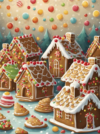 Abstract wallpaper illustration of of gingerbread house decoration, AI generated
