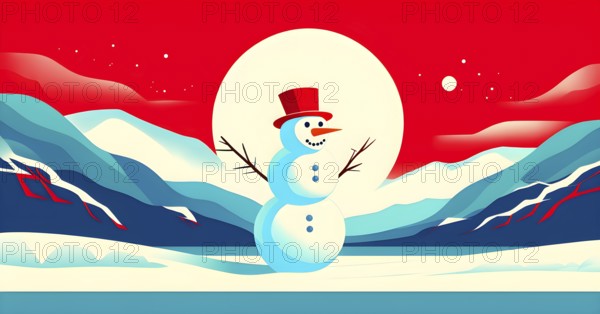Abstract illustration of a snowman in an idyllic snowy winter landscape, hills and mountains and