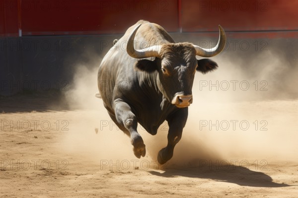 Angry bull attacking in a coral, AI generated