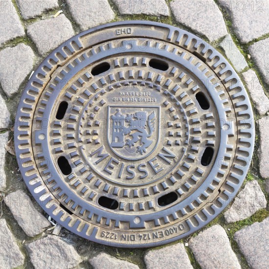 Manhole cover with the city Coat of Arms, Meissen, Saxony, Germany, Europe