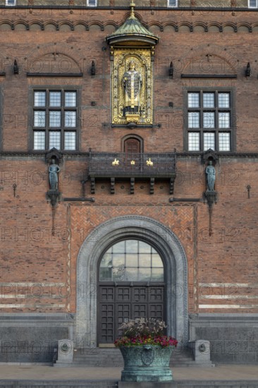 Entrance and brick façade with gilded sculpture of Bishop Absalon, Town Hall in the National