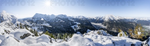 Panorama, Snow-covered summit of the Jenner with viewing platform in autumn, view of the sea of