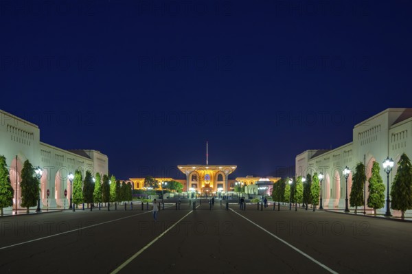 Illuminated Sultan's Palace at night, Al Alam Palace, Muscat, Oman, Asia