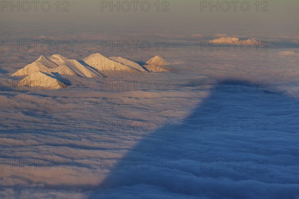 Mountain peak above high fog, evening light, winter, view from Zugspitze to Estergebirge, Upper