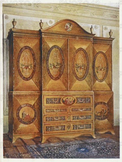 Furniture around the turn of the century 1900, Satinwood wardrobe, inlaid with tulipwood, harewood,