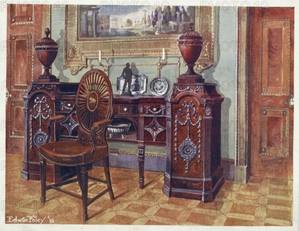 Furniture around the turn of the century 1900, Sideboard with carved mahogany pedestal, Oval