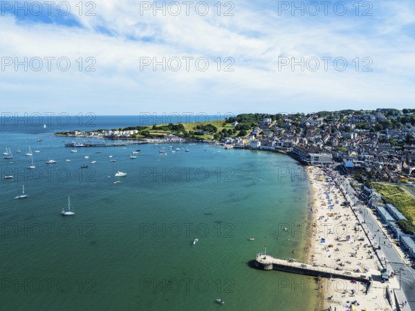 Swanage and Swanage Bay from a drone, Jurassic Coast, Dorset Coast, Poole, England, United Kingdom,