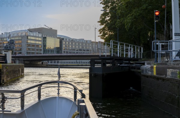 Bow of a motor vessel in the Mühlendamm lock, Berlin, Germany, Europe