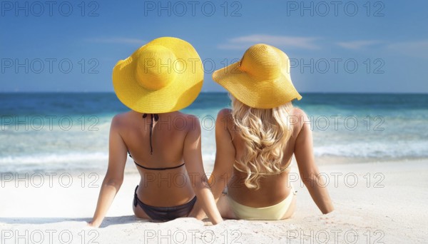Two young woman on the beach in the Caribbean, Studio