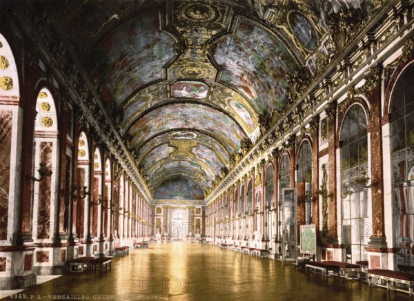 Hall of Mirrors in Versailles, France, ca 1890, Historical, digitally restored reproduction from a