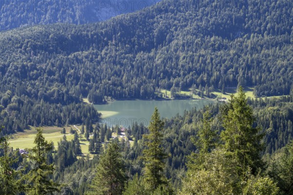 Lautersee, view from Kranzberg, Alps, Mittenwald, Werdenfelser Land, Upper Bavaria, Bavaria,