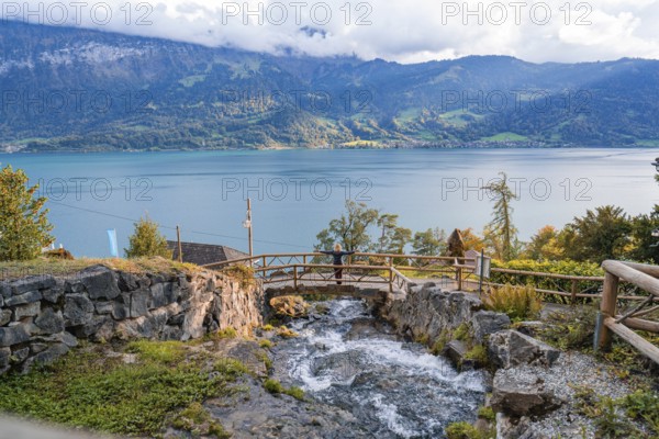 Idyllic stream flows into a lake, surrounded by autumnal mountain landscape, Lake Brienz,