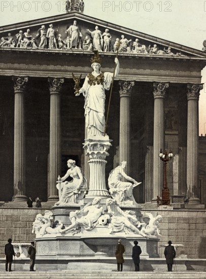 Vienna. Minerva Brunnen, Austria, digitally restored reproduction from a 19th century original,