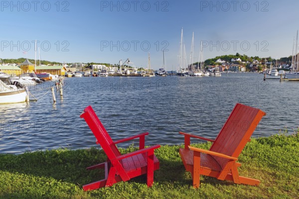 Two red wooden chairs on a lawn overlooking a sunny harbour, Sandefjord, Norway, Europe