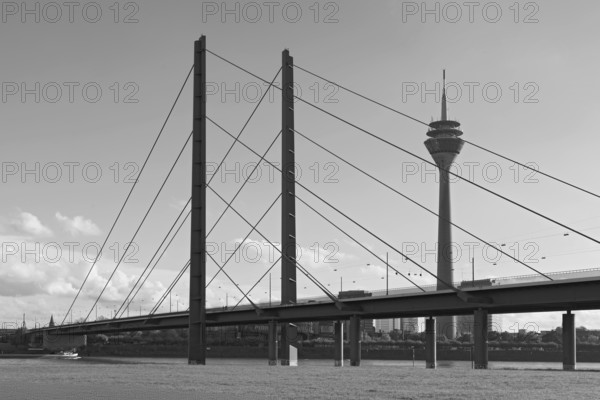 Rheinknie Bridge and Rhine Tower, cable-stayed bridge from 1969, Düsseldorf, North