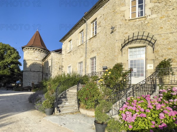 View of left old historic tower castle tower right double staircase staircase to historic castle