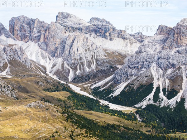 The peaks of the Puez Group, drone shot, Val Gardena, Dolomites, Autonomous Province of Bolzano,