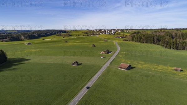 Aerial view of the foothills of the Alps near Mindelheim in spring, Allgäu, Bavaria, Germany,